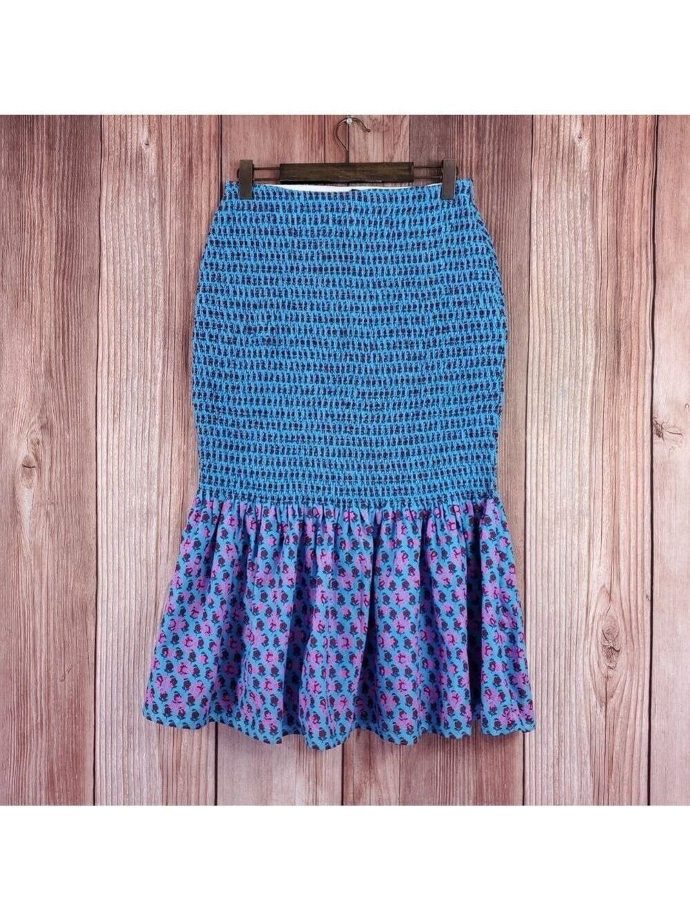 NWT J Crew Smocked Skirt Womens Sz 12 Layered Block Print Monaco Blue Iris AO827